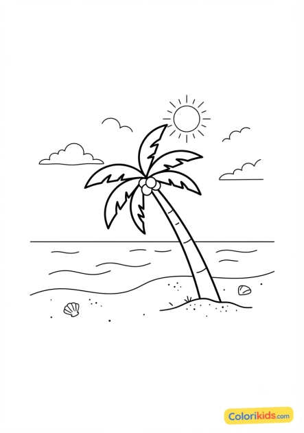 Coloriage à imprimer : palmier penchant sur une plage tropicale paradisiaque