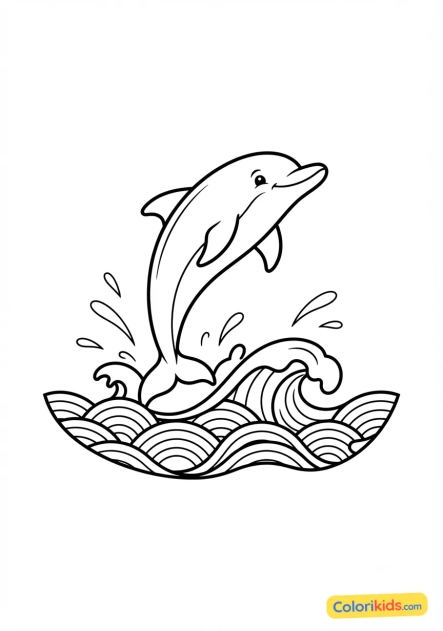 Coloriage à imprimer : dauphin joueur sautant hors des vagues turquoise