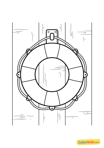 Printable coloring page: red and white lifebuoy hanging on a wall