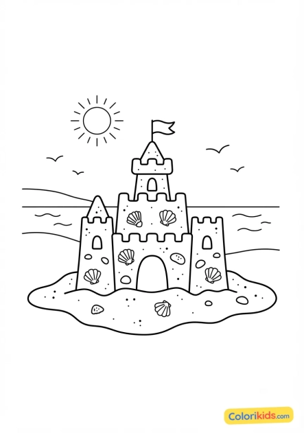 Coloriage à imprimer : château de sable décoré de coquillages sur la plage