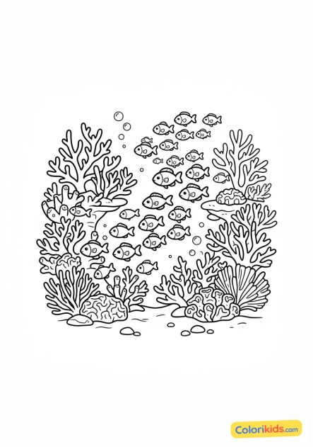 Ausmalbild zum Ausdrucken: schwarm bunter Fische erkundet ein Korallenriff