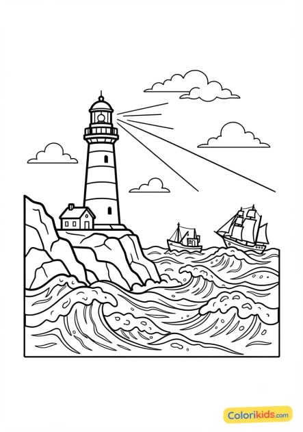 Coloriage à imprimer : phare solitaire guidant les navires sur une mer agitée