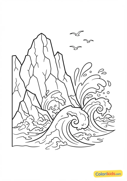 Coloriage à imprimer : rochers escarpés battus par les vagues déchaînées