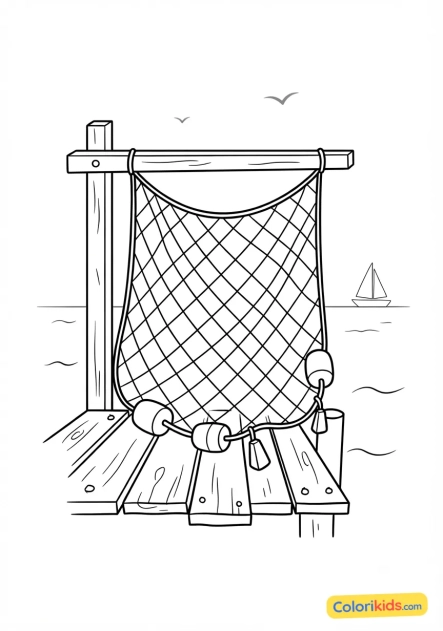 Coloriage à imprimer : filet de pêche traditionnel suspendu sur un quai en bois