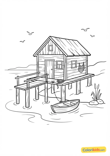 Coloriage à imprimer : cabane de pêcheur en bois sur pilotis au bord de l'eau