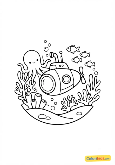 Coloriage à imprimer : sous-marin jaune explorant les fonds marins mystérieux