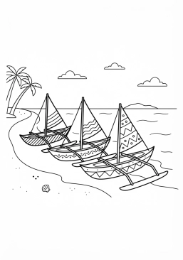 Voir le coloriage Pirogues traditionnelles colorées sur une plage tropicale