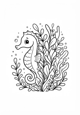 Voir le coloriage Hippocampe curieux caché parmi les algues marines