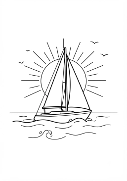 Voir le coloriage Voilier élégant naviguant sous un soleil couchant