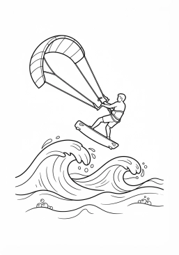 Voir le coloriage Kitesurfeur sautant au-dessus des vagues avec son voile
