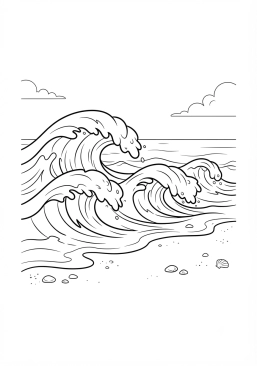 Voir le coloriage Grandes vagues déferlant sur une plage de sable fin