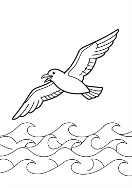 Voir le coloriage Mouette rieuse volant au-dessus des vagues de l'océan