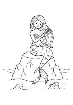 Voir le coloriage Sirène aux longs cheveux peignant sa chevelure sur un rocher