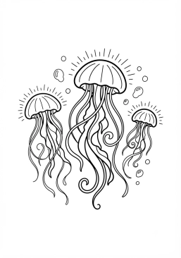Voir le coloriage Méduses lumineuses flottant gracieusement dans l'eau profonde