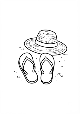 Voir le coloriage Paire de tongs et chapeau de paille sur le sable