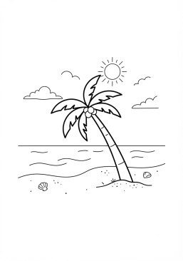 Voir le coloriage Palmier penchant sur une plage tropicale paradisiaque