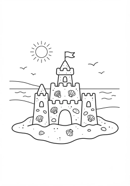 Voir le coloriage Château de sable décoré de coquillages sur la plage