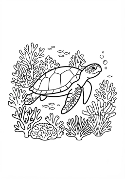 Voir le coloriage Tortue marine nageant paisiblement au milieu des coraux