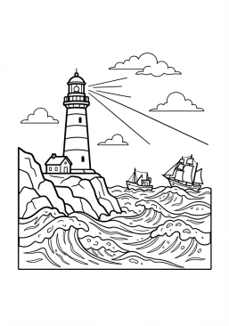 Voir le coloriage Phare solitaire guidant les navires sur une mer agitée
