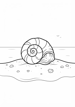 Voir le coloriage Coquillage spiralé posé délicatement sur le rivage