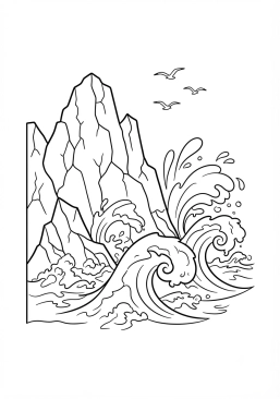 Voir le coloriage Rochers escarpés battus par les vagues déchaînées