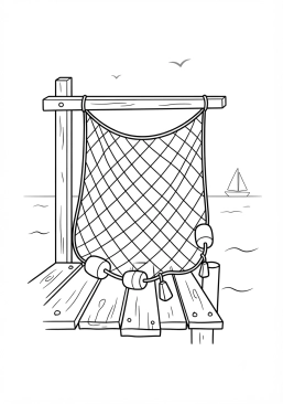 Voir le coloriage Filet de pêche traditionnel suspendu sur un quai en bois
