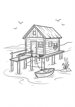 Voir le coloriage Cabane de pêcheur en bois sur pilotis au bord de l'eau