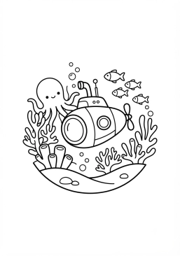 Voir le coloriage Sous-marin jaune explorant les fonds marins mystérieux