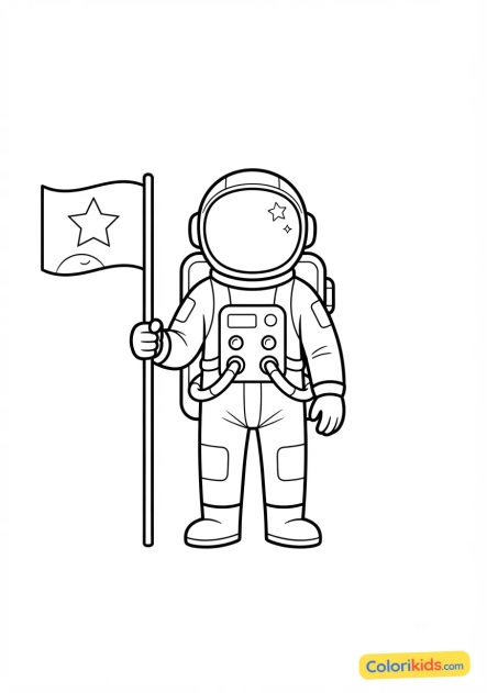 Coloriage à imprimer : astronaute tenant un drapeau