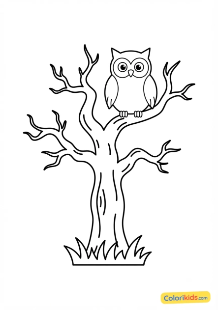 Coloriage à imprimer : arbre mort avec une chouette