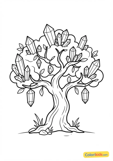Coloriage à imprimer : arbre fantastique avec des cristaux