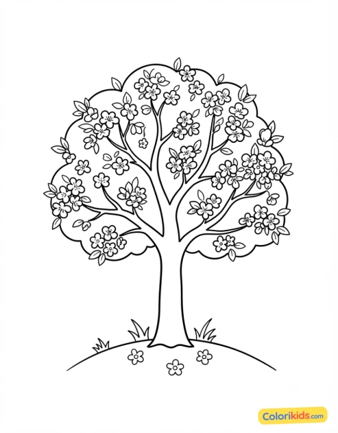 Coloriage à imprimer : arbre en fleurs au printemps