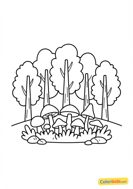 Coloriage à imprimer : forêt avec des champignons au pied