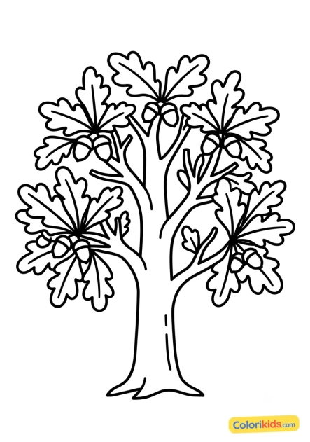Coloriage à imprimer : chêne majestueux avec des glands