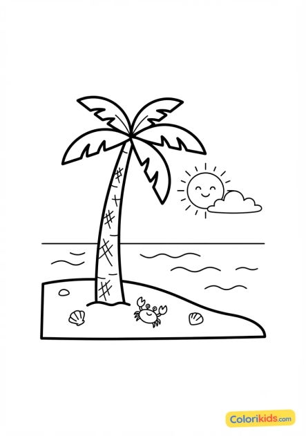 Coloriage à imprimer : palmier sur une plage tropicale