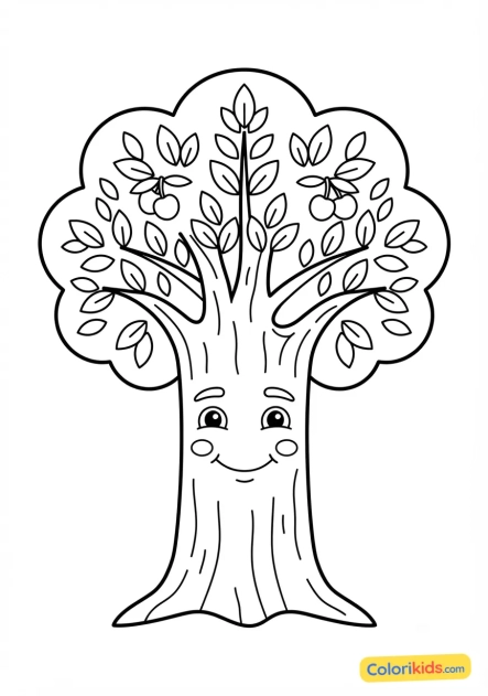 Coloriage à imprimer : arbre avec un visage dessiné dans le tronc