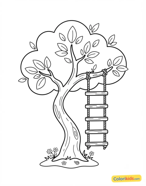 Coloriage à imprimer : arbre avec une échelle en corde