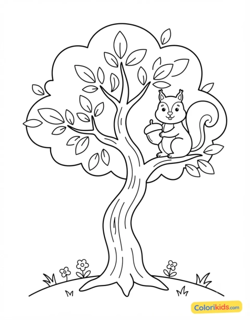 Coloriage à imprimer : arbre avec un écureuil