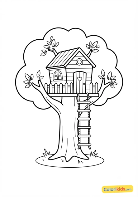 Coloriage à imprimer : arbre avec une cabane perchée
