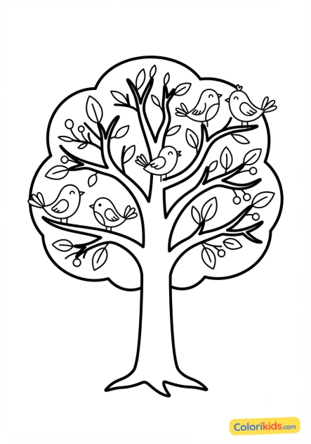Coloriage à imprimer : arbre avec des oiseaux dans les branches