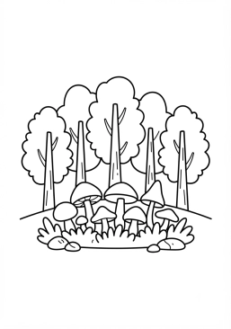Coloriage Forêt avec des champignons au pied