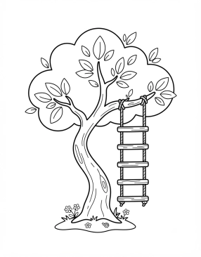 Coloriage Arbre avec une échelle en corde