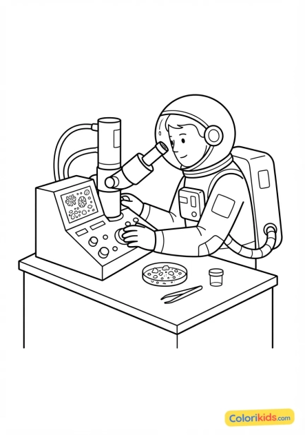 Coloriage à imprimer : astronaute analysant un échantillon de sol extraterrestre au microscope électronique
