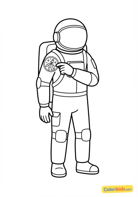 Coloriage à imprimer : astronaute fixant l'écusson de sa mission historique sur son épaule gauche