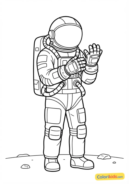 Coloriage à imprimer : astronaute vérifiant l'état de ses gants renforcés après une longue manipulation