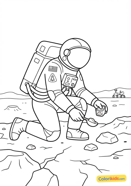 Coloriage à imprimer : astronaute récoltant des échantillons de roche rouge sur un paysage martien aride