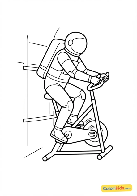 Coloriage à imprimer : astronaute s'exerçant sur un vélo d'appartement magnétique en micropesanteur