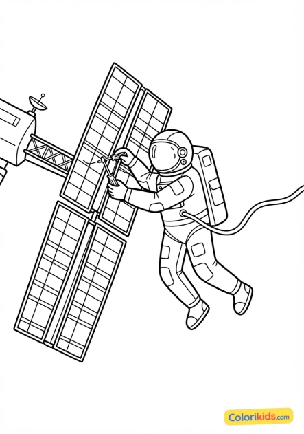Coloriage à imprimer : astronaute flottant en apesanteur tout en réparant un panneau solaire complexe