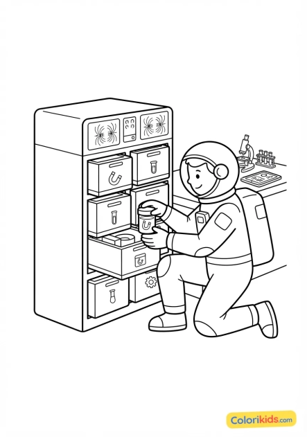 Coloriage à imprimer : astronaute rangeant soigneusement du matériel scientifique dans des tiroirs magnétiques