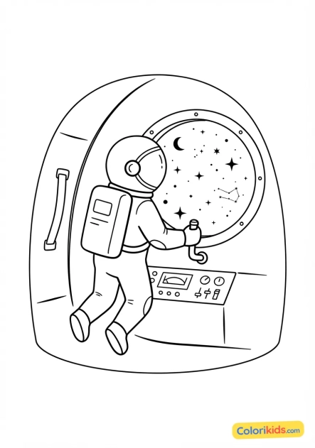 Coloriage à imprimer : astronaute observant les étoiles lointaines depuis l'obscurité de la capsule